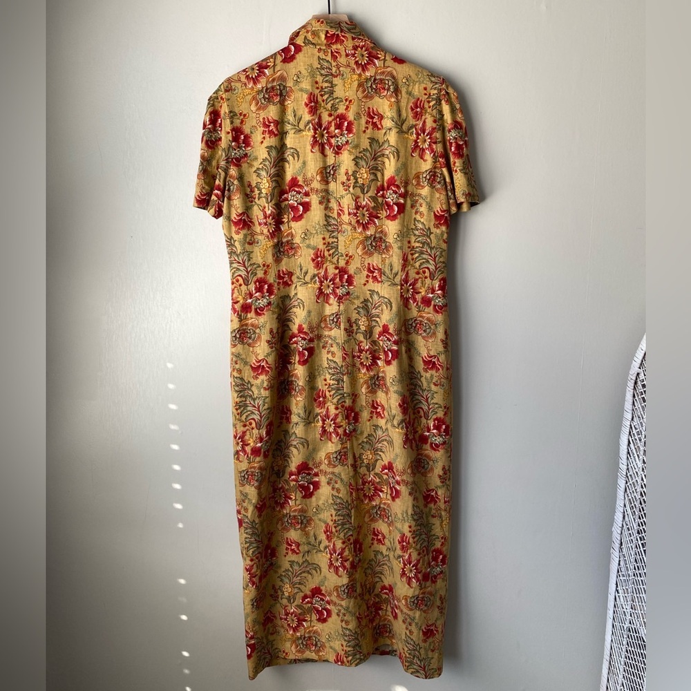 Vintage Floral Print Linen Blend Short Sleeve Button Front Maxi Dress 14 - Picture 5 of 8